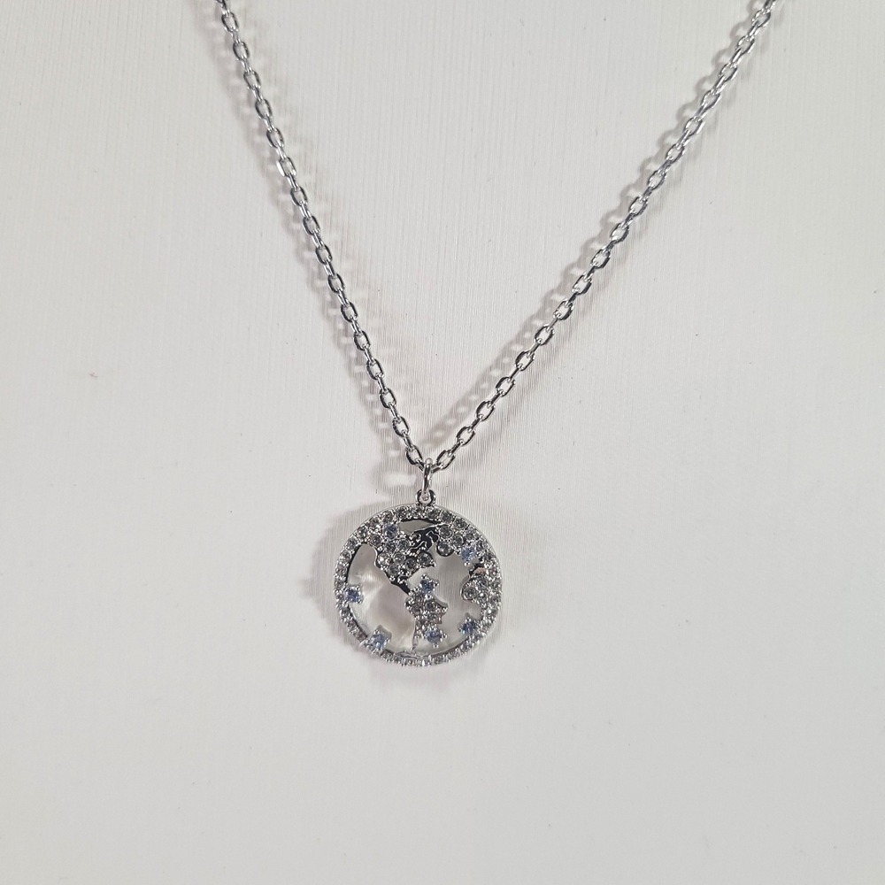 Swarovski World Map Necklace Women Silver Blue Clear Crystal Globe Pendant
